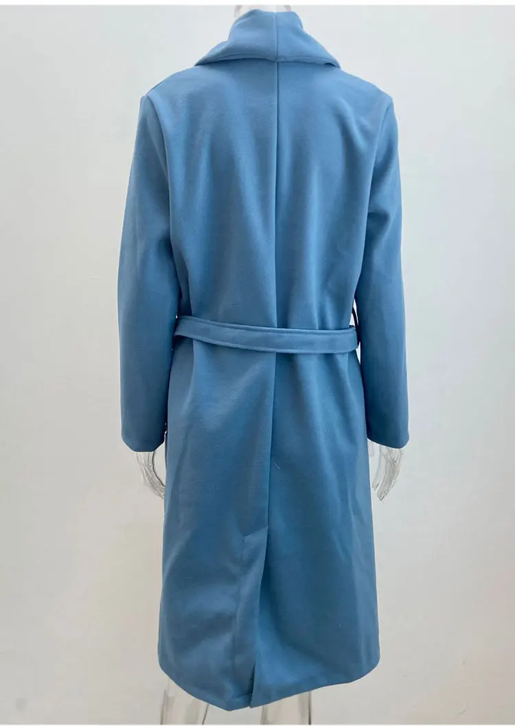 Description Picture 4 of item2023 Autumn/Winter New Women's Solid Color Simple Long Sleeve Windbreaker V-Neck Button Coat Lacing Wool Coat Long Style