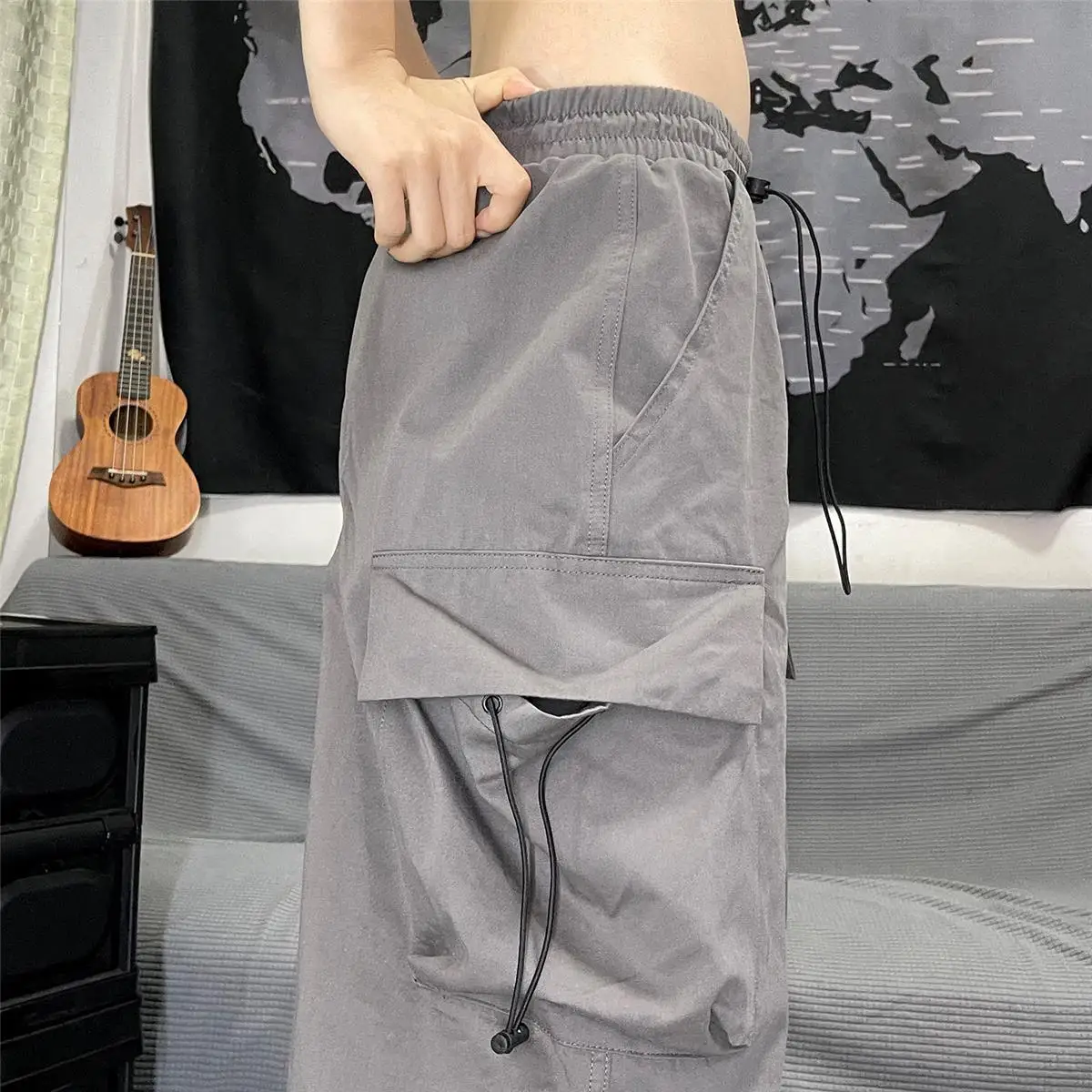 Description Picture 6 of itemHOUZHOU Retro Hippie Gray Baggy Parachute Pants Women Y2K Streetwear Oversize Pockets Wide Leg Cargo Trousers Female Harajuku
