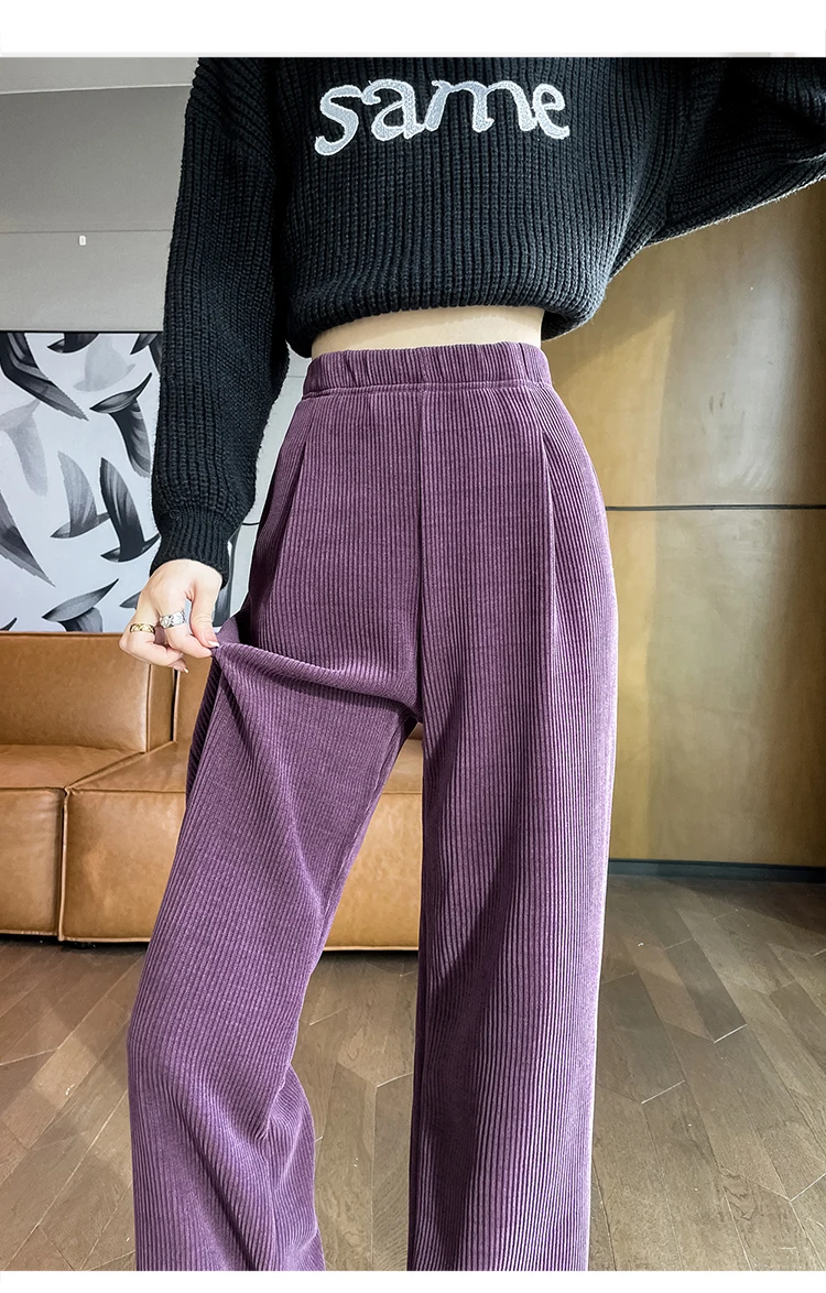 Description Picture 6 of itemNew 2023 Autumn Winter Chenille Pants For Women Wide Leg Loose High Elastic Waist Purple White Black Streetwear Thicken Trousers