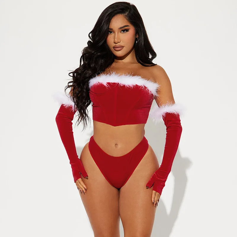 Description Picture 6 of itemWomen Christmas Erotic Lingerie Velvet Furry Sweetheart 3 Piece Set New Year Strapless Corset Sexy Briefs Long Sleeve Covers