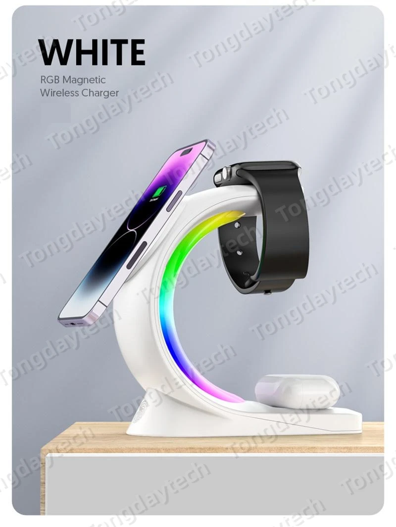Description Picture 5 of item5in1 RGB Atmosphere Light 15W Magnetic Wireless Charger for Iphone XS XR 11 12 13 14 Pro Max Airpods Pro Apple Watch Stand