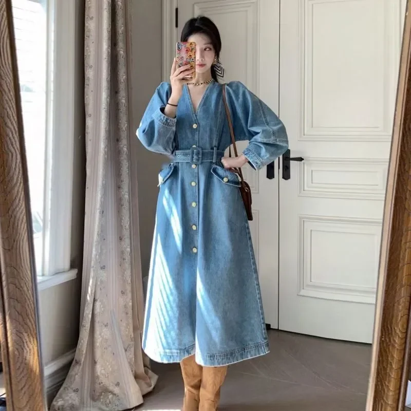 Description Picture 3 of item2023 Spring Autumn New Korean Fashion Cowboy Woman Dress LOOSE Blue Temperament Elegant French Long Sleeved A-line Dresses