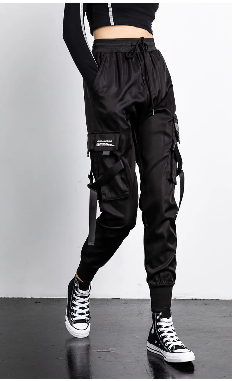 Description Picture 5 of itemWomen Fashion Streetwear Cargo Pants Black Ankle Length Elastic Waist Joggers Female Loose Trousers Casual Women Harem Pants