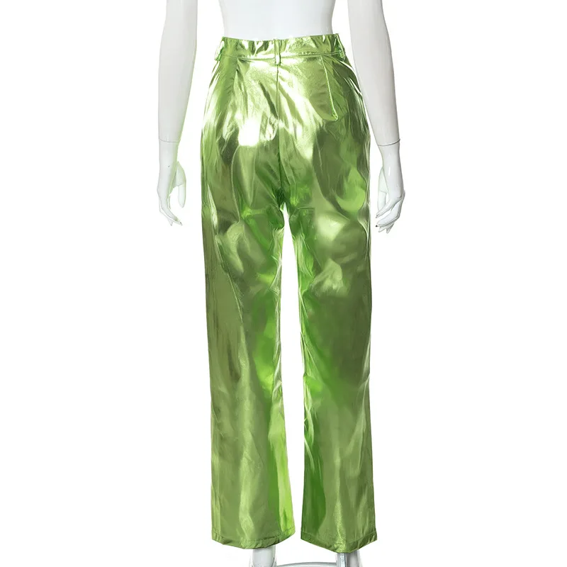 Description Picture 4 of itemWomen Metallic Straight-Leg PU Pants Sexy ZA Sparkling High Waist Trousers Streetwear Luxury Birthday Costumes 2023 Spring Fall