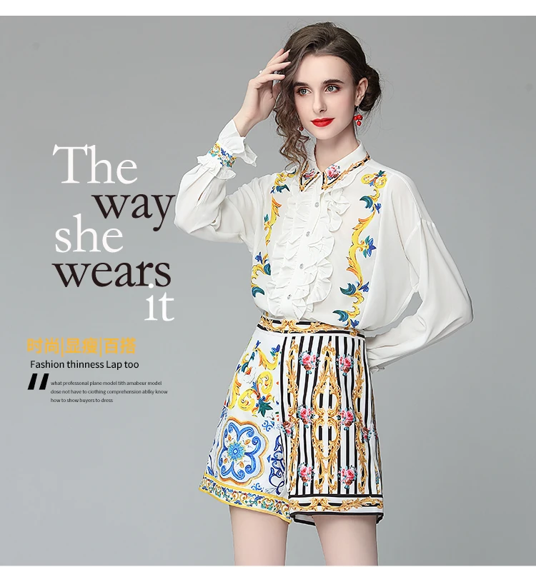 Banulin Summer Runway Flower Print Two-piece Set Women Flare Sleeve Ruffles Shirt Top and Stripe Pocket Shorts Suits Set N56608