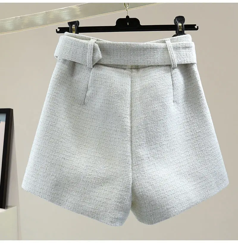 Description Picture 6 of itemAutumn Winter Bright Rhinestones Tweed Woolen Skirt Shorts Women High Waist Wide Leg Irregular Glitter Diamonds Belt Short Femme