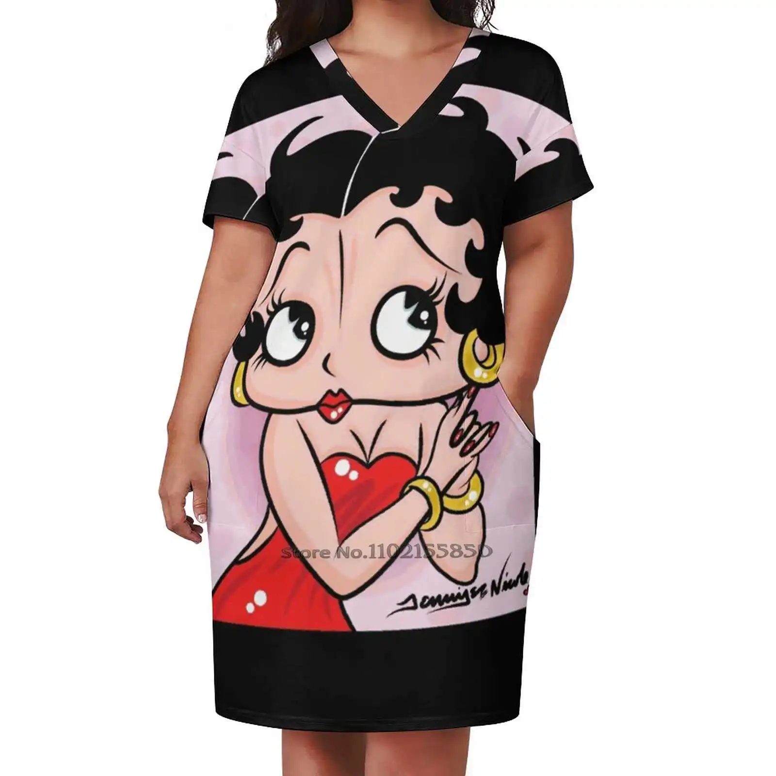 Boop By Art In The Garage Loose Pocket Dress Print Short Sleeve Dresses V-Neck Dress 5Xl Boop Boop Boop Girl Fanart Girl Dorm