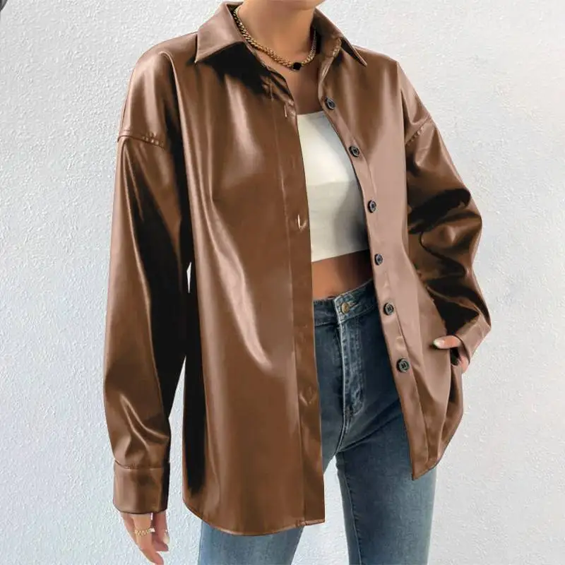Description Picture 5 of item2023 Autumn Lapel Collar Coats ZANZEA Women Bomber Jackets Streetwear PU Leather Long Sleeve Blazer Oversized Buttons Outerwears