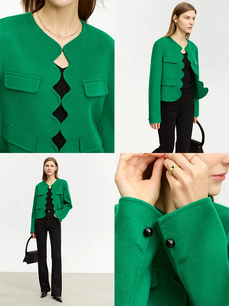 AMII Women's Double-sided Woolen Short Coat 2023 Winter Office Lady Crop Jackets Round Neck  Wool Wave Open Stitch Tops 12344118