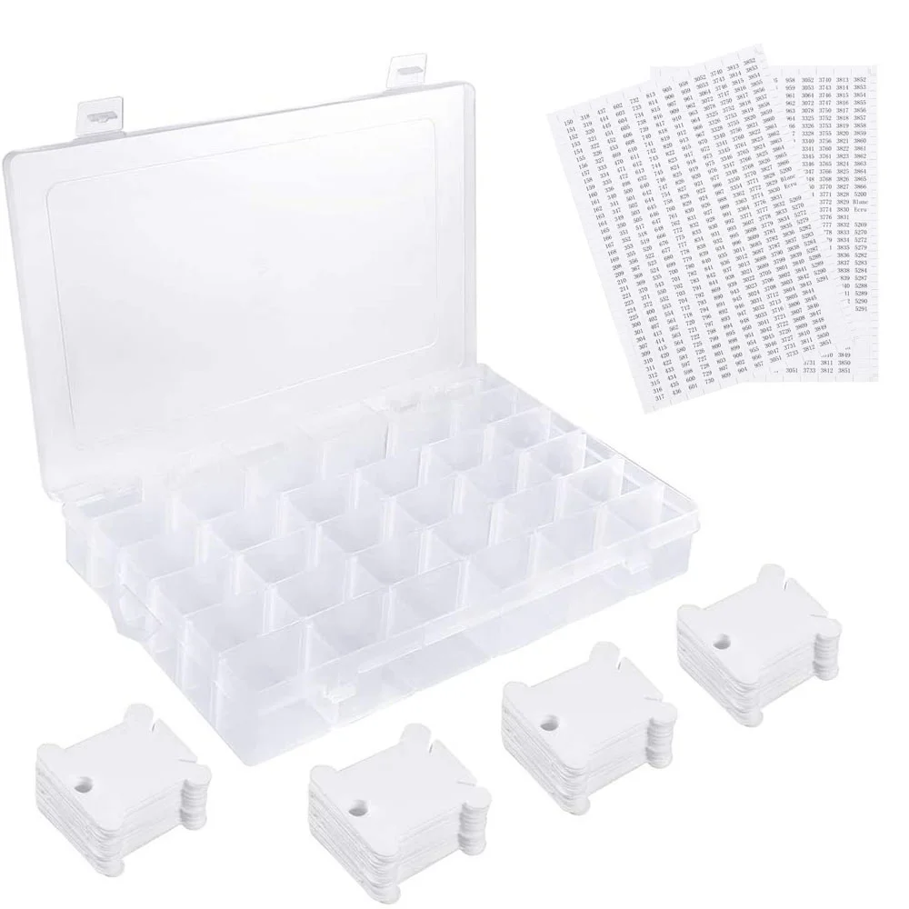 36 Grids Plastic Embroidery Floss Organizer Box & 50 Floss Bobbins & 2PCS Floss Number Stickers for Sewing