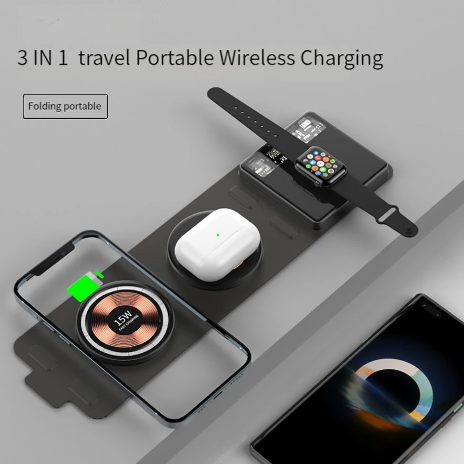 Description Picture 2 of itemBonola Transparent 3 in 1 Travel Portable Wireless Charger for Apple Watch/Airpods Foldable Wireless Charging for iPhone 12 13