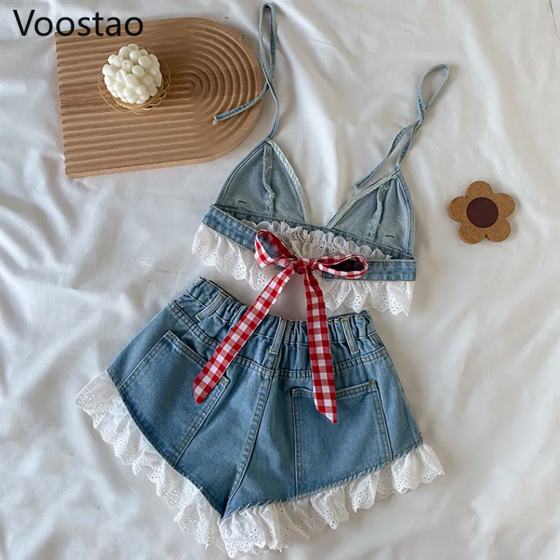 Description Picture 3 of itemSummer Sweet Lolita Style Denim Shorts Sets Girls Sexy Lace Bandage Camisole Crop Tops Ruffles Jeans Short Pants Women 2PC Set