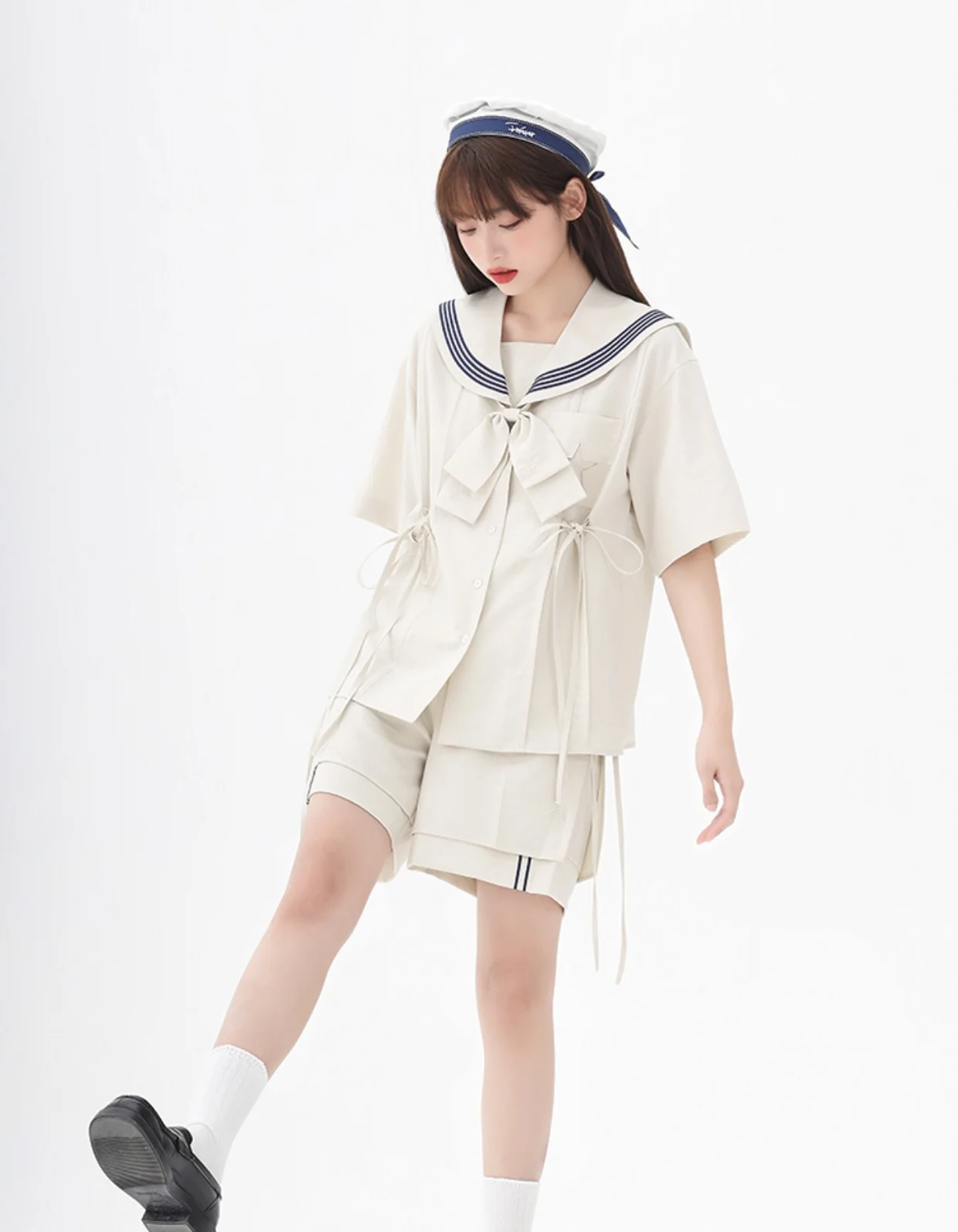 Description Picture 2 of itemADAgirl Japan Kawaii Navy Sailor Collar Shirt Women Lolita Style Blouse with Bow Half Short Leeve Button Up Tops Summer Clothes