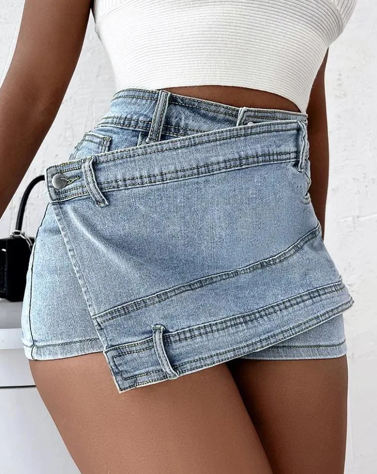 Echoine 5XL Plus Size Denim Shorts Skirt Blue High Waist Irregular Jeans Shorts Streetwear Club Women Denim SKirt Clubwear