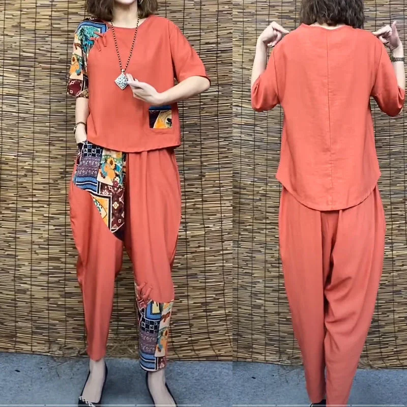 Description Picture 3 of itemWomen's Casual Suit 2023 Summer New Slim Short Sleeve T-Shirt Top Harlan Cropped Pants Plus Fashion Cotton Linen 2 Two Piece Set