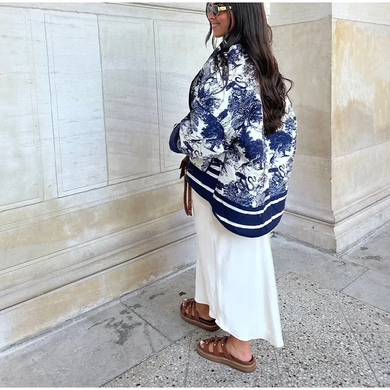 Description Picture 6 of itemWomen's Fall Winter Colourful Printed Quilted Padded Jacket Coat Lapel Loose Long Sleeve Cardigan Jackets Female Warm Outerwear