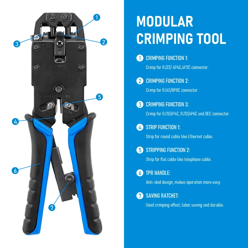Description Picture 3 of itemRJ45 Crimper Network Hand Tools RJ11RJ12RJ45 Crimper Pliers for Network and Telephone Cables Modular Connector Crimping