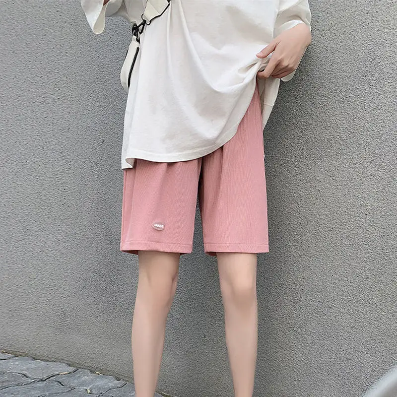 Ice Silk Women Shorts Solid Summer Pleat Solid Casual Ladies Short Pants Loose High Waist Streetwear Half Pant for Female