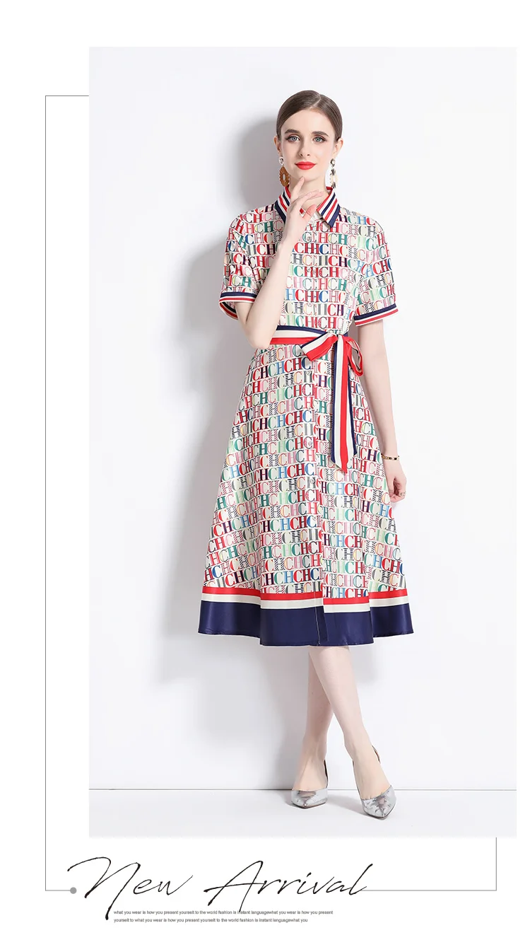 Description Picture 5 of itemSummer Fashion Letter Print Runway Dress Women's Short Sleeve Lapel Stripe Belt Lace Up Office Lady Casual Midi Vestidos N6016