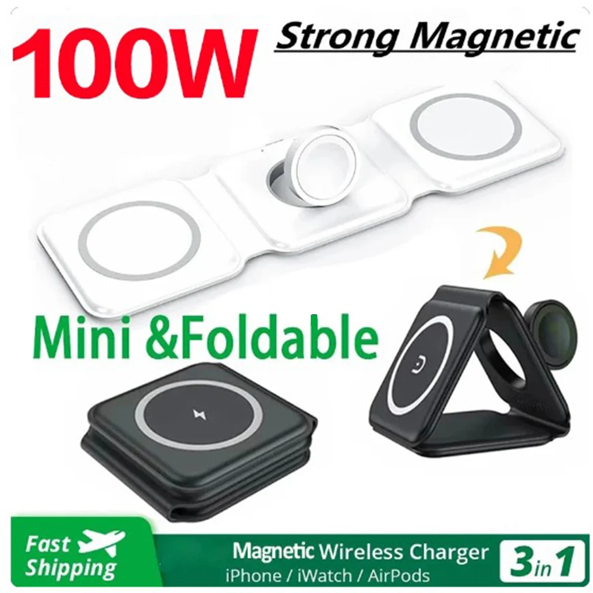 100W 3 in 1 Wireless Charger Pad Stand Magnetic Fast Charging Dock Station for iPhone 15 14 13 12 11 8 X XR Apple Watch Airpods