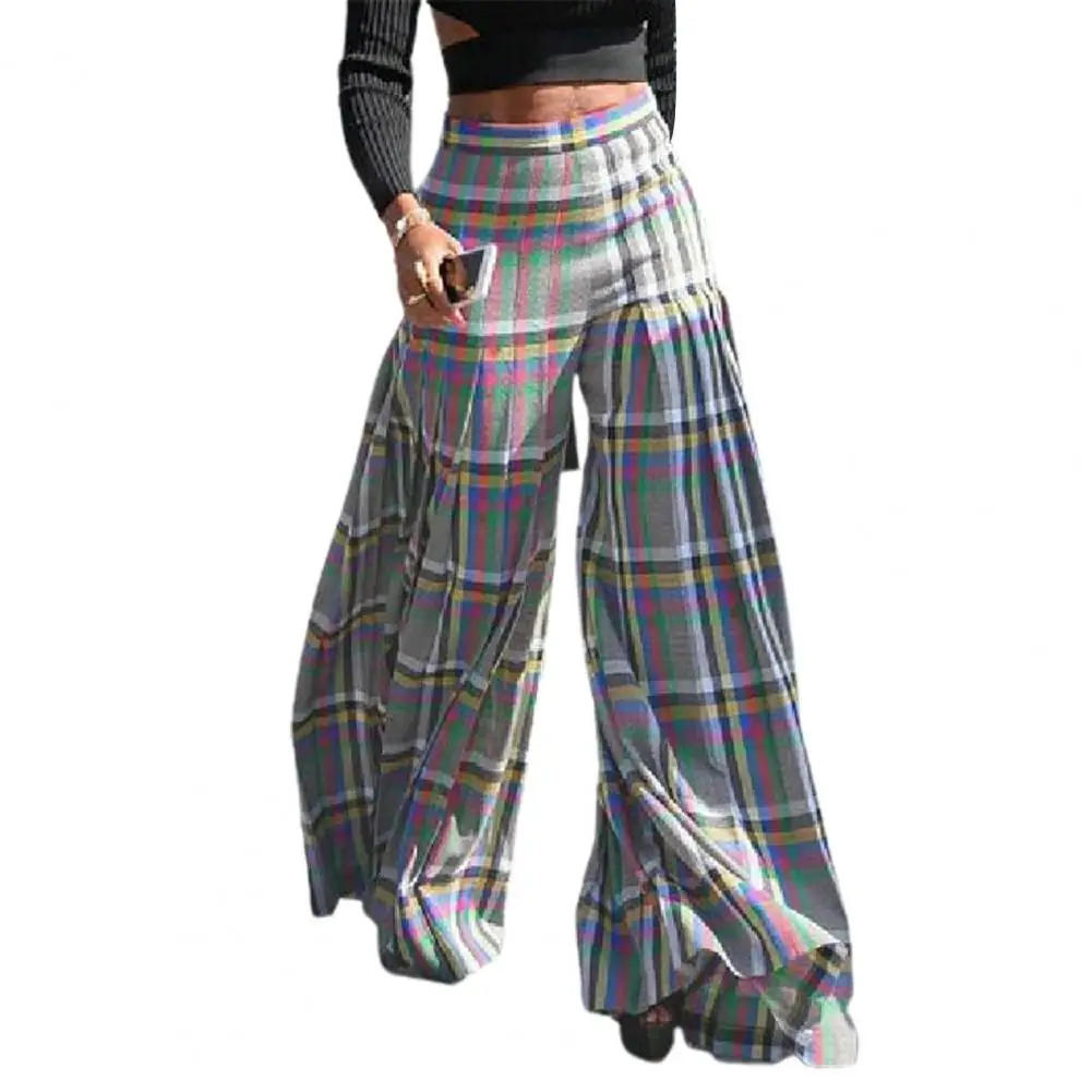 Description Picture 4 of itemHigh Waist Elastic Waistband Women Pants Pockets Colorful Plaid Print Casual Oversized Straight Wide Leg Pants Streetwear