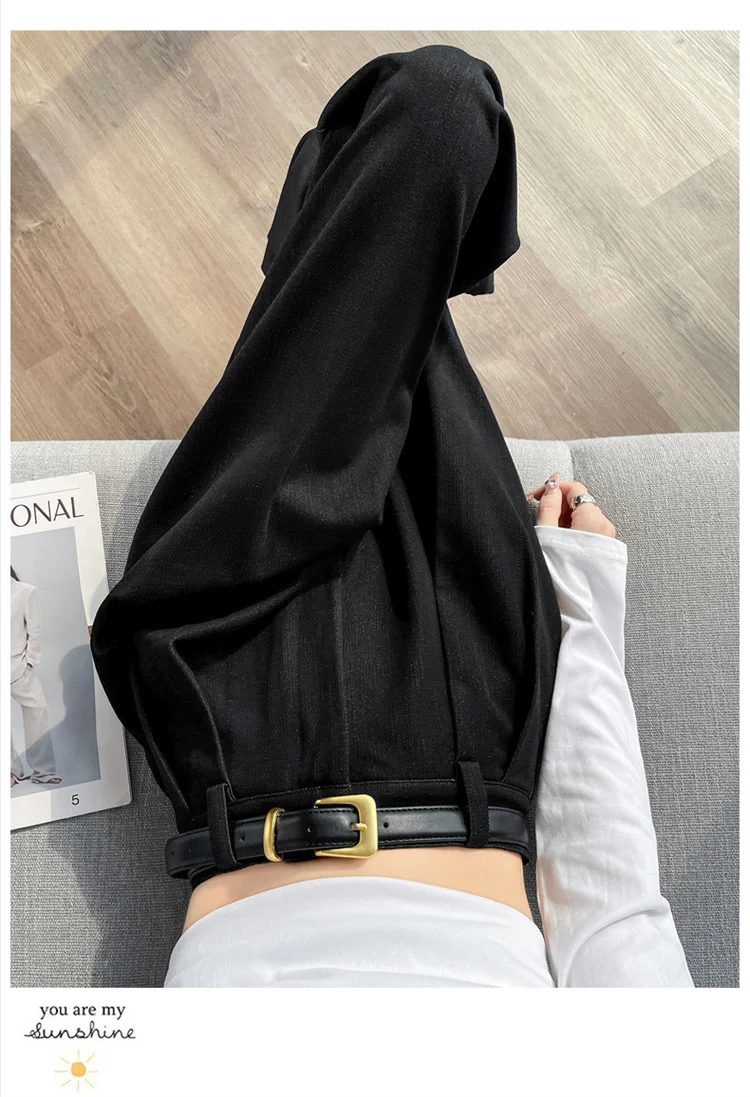 Description Picture 5 of itemJielur Loose Pure Color Casual Women's Pants High Waist Straight Belt Fashion Female Streetwear Chic Khaki Black Wide Leg Pants