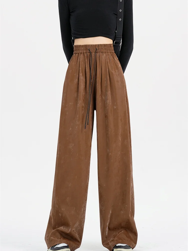 Description Picture 4 of itemKUCLUT PU Pants Women 2023 Autumn Winter Fashion Streetwear Loose High Waist Straight Pants Chic Vintage Folds Wide Leg Pants