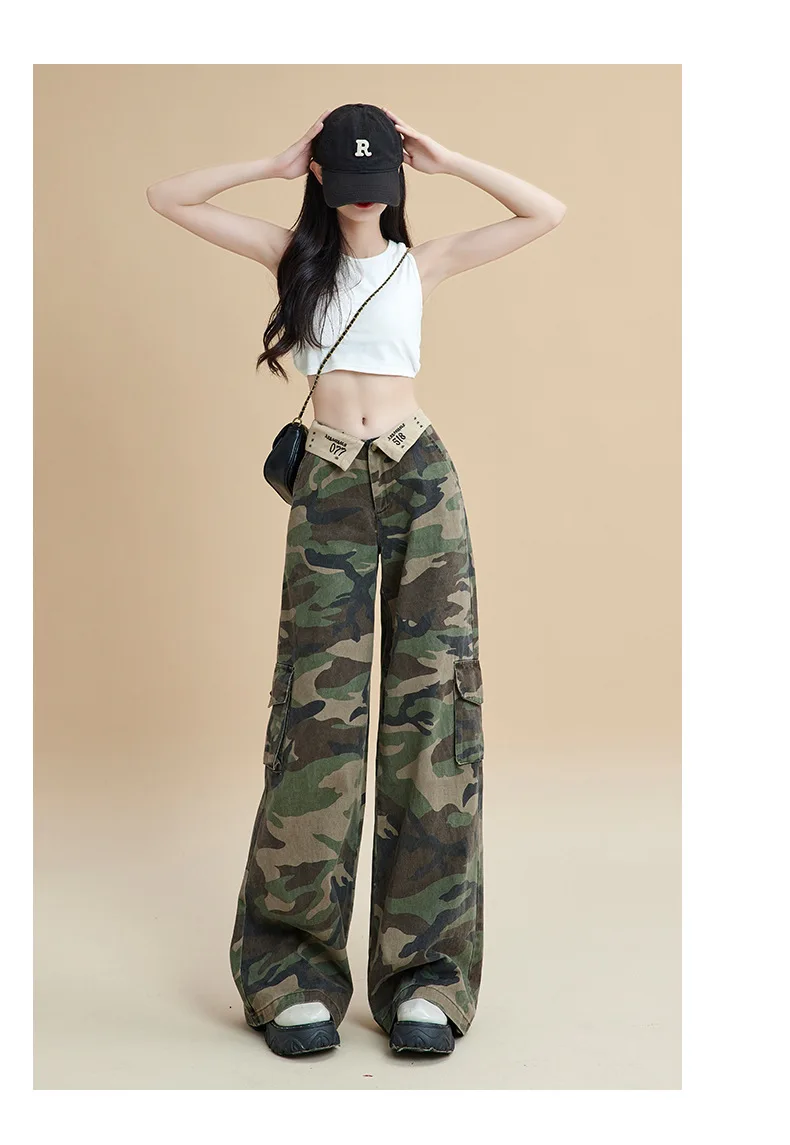 HOUZHOU Y2K Camo Cargo Pants Women Low Waist Pockets Camouflage Cargo Trousers Female Clothing Fashion Streetwear Hip Hop