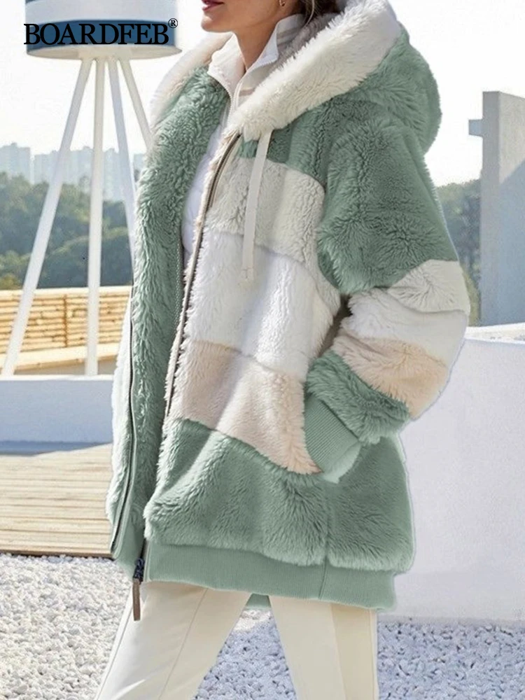 Womens Fuzzy Fleece Jacket Hooded Zipper Color Block Soft Full Casual Faux Fur Patchwork Long Sleeve Outerwear Coats with Pocket