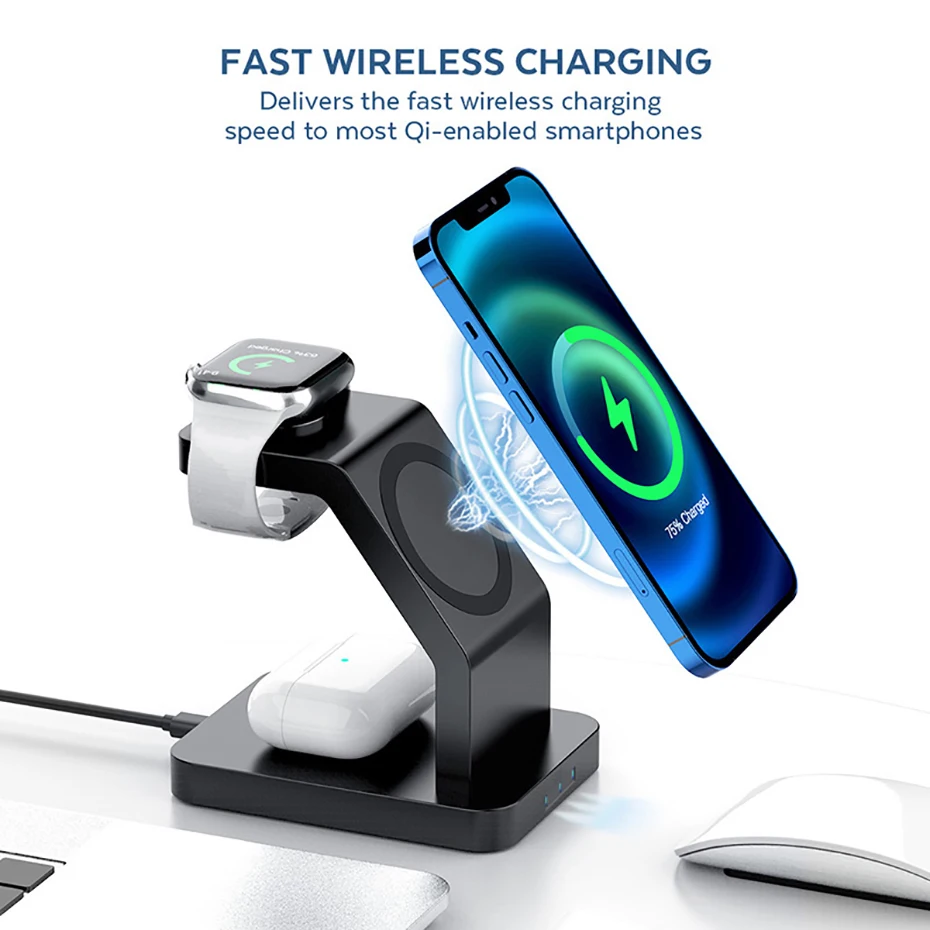 3 in 1 Magnetic Wireless Charger Stand Qi Fast Charging Induction Charger For iPhone 12 13 Pro Max Mini Apple Watch 7 6 AirPods