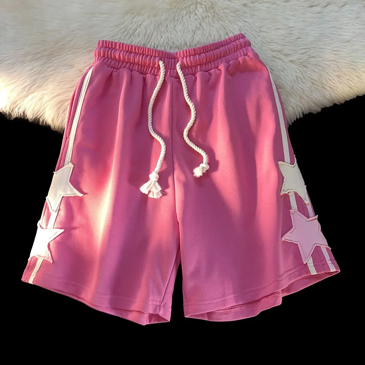 Description Picture 5 of item2023 New American Style Retro Stripe Star Stitching Shorts Women's Couples Casual Fashion Loose All-Match Design Cropped Pants