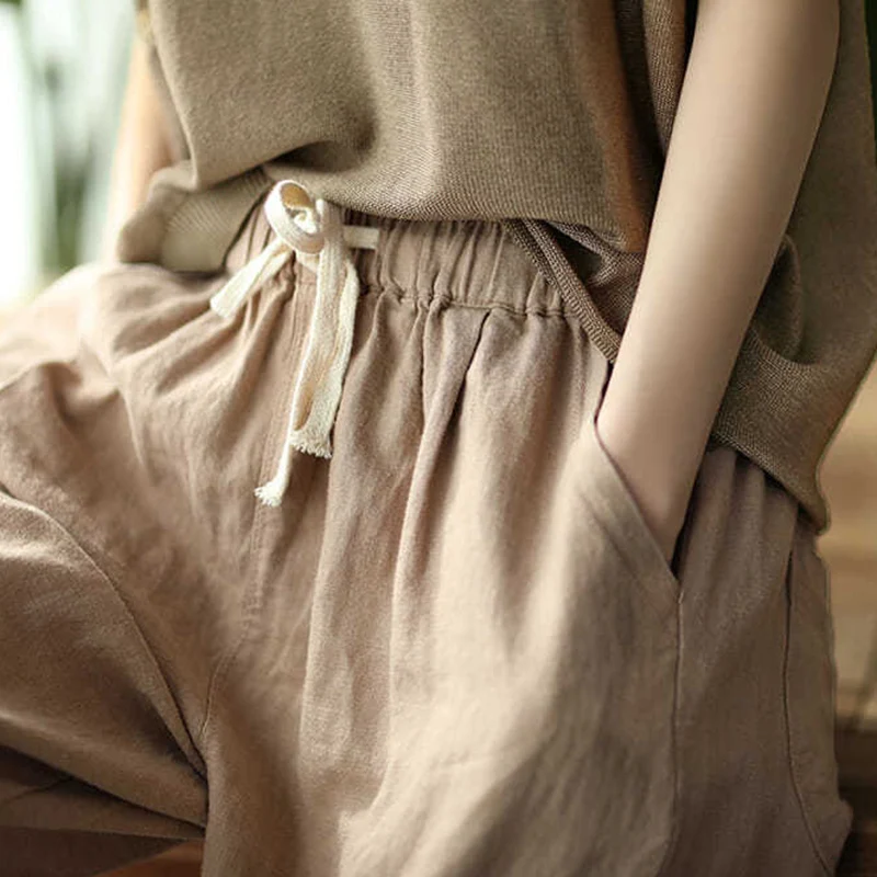 Description Picture 6 of itemRimocy 2022 Summer Casual Cotton Linen Pants Women Retro Pockets Loose Harem Pants Woman Solid Elastic Waist Trousers Female
