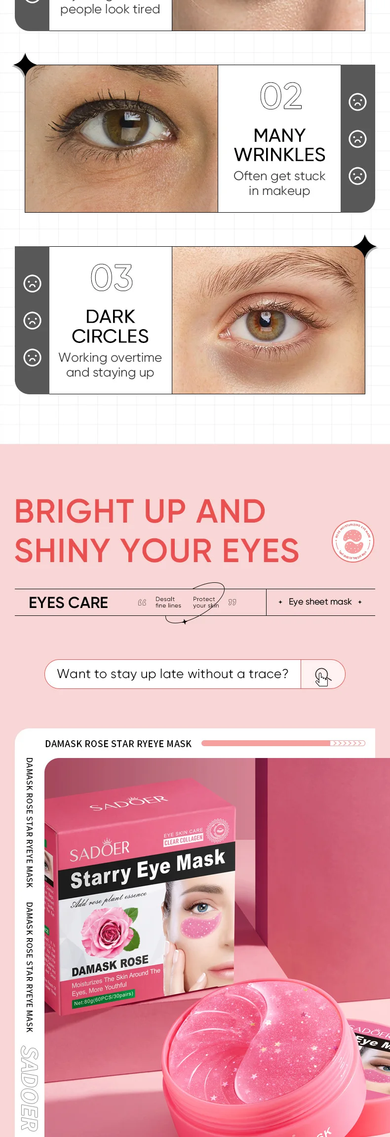 Description Picture 3 of item60pcs/box Starry Rose Collagen Eye Mask Anti Wrinkle Fade Dark Circles Relieve Puffy Eyes Tighten Eye Contour Skin Care Products