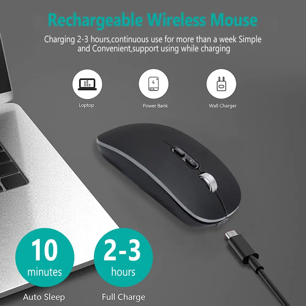 Description Picture 6 of itemWireless Mouse 2.4GHz Slim Rechargeable Silent Click Ergonomic 3 DPI Adjustable with Type C Adapter for Laptop PC Macbook