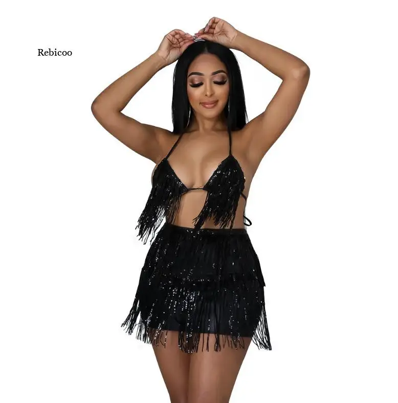 Two Piece Set Women Halter Crop Top Shorts Skirt Sets Matching Outfits Fringe Tassel Sexy Sequin Clothes  Backless Club