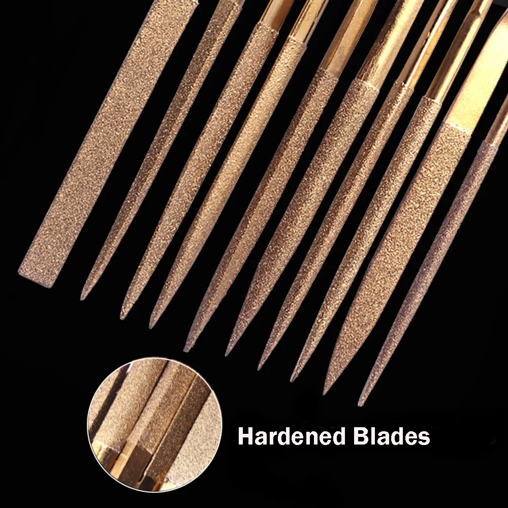 Description Picture 3 of item10pcs Diamond Needle Files Set 3x140mm Variety Shapes Titanium Coated Diamond Needle Files for Ceramics Metal Glass Deburring
