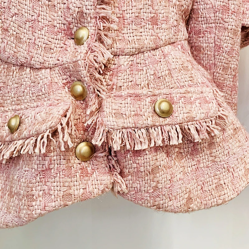 Description Picture 5 of itemHIGH QUALITY 2023 Newest Fashion Designer Runway Suit Set Women's Gold Buttons Tassel Fringed Tweed Jacket Shorts Set