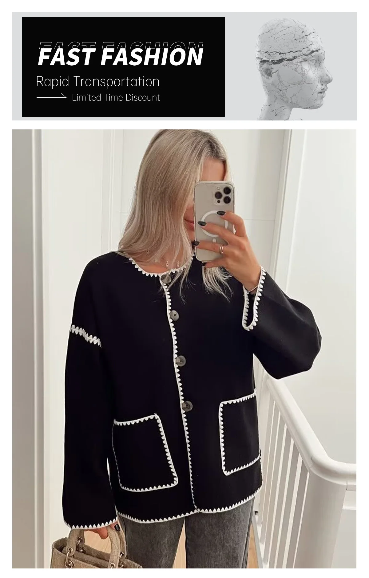 Description Picture 5 of itemUNIZERA2023 High Quality Autumn/Winter New Fashion Versatile Small Three Color Contrast Ni Coat
