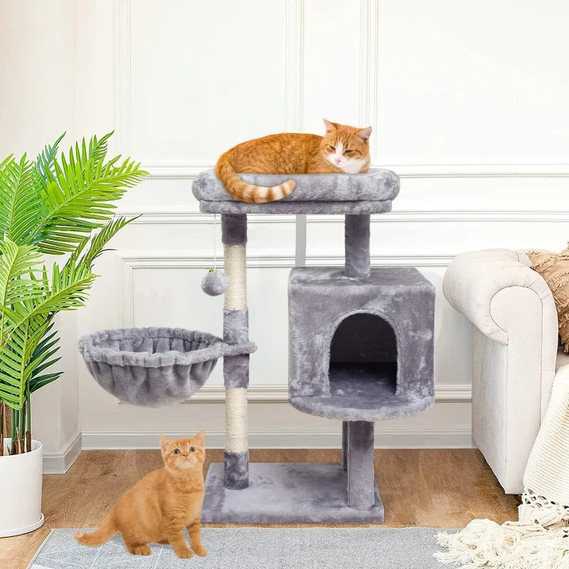 Small Cat Tree for Indoor Cats, Activity Cat Tower, Condo with Scratching Post for Kittens, Climbing Stand with Basket Cat Condo