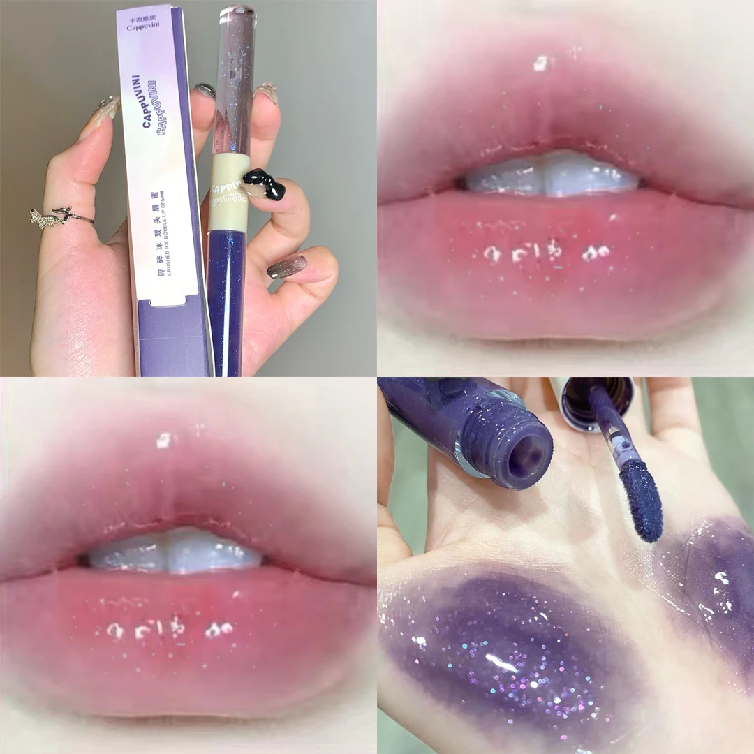 Purple Glitter Water Light Lip Gloss Lip Glaze Double-end Mirror Liquid Lipstick Not Fade Lip Tint Lasting Moisturizing Cosmetic