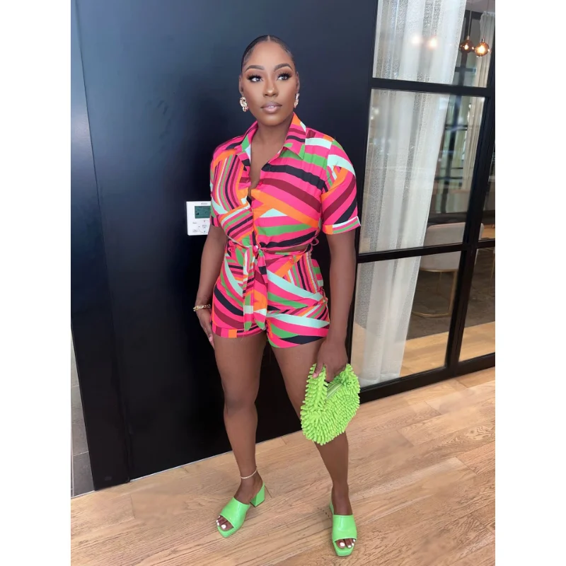 Description Picture 3 of itemColorful Stripe Print Two Piece Set Women Short Sleeve Lace Up Crop Shirts Top Elastic High Waist Shorts Summer Casual Suits