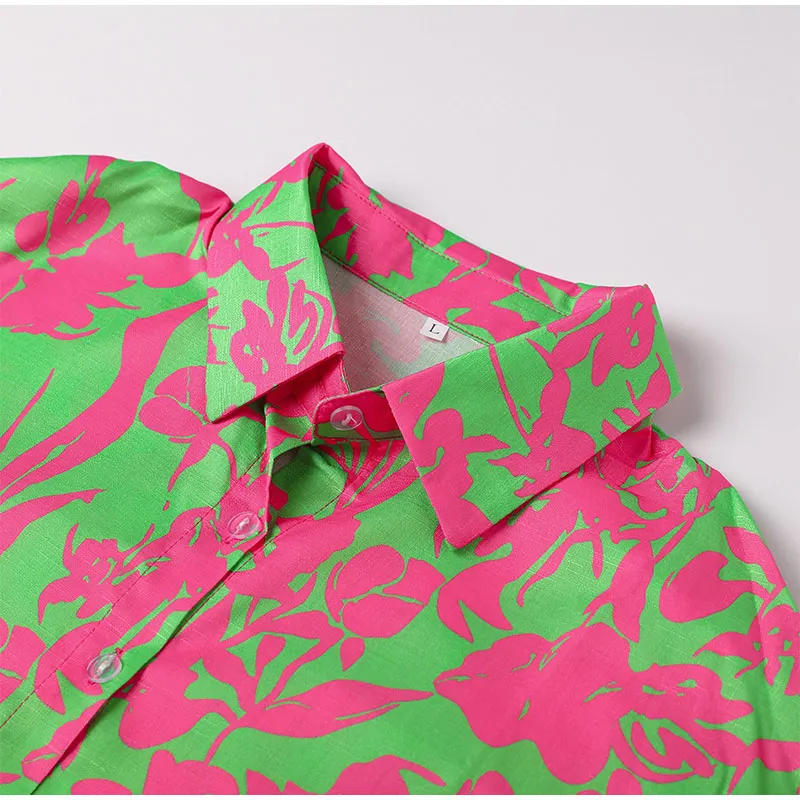 Description Picture 5 of itemTwo Piece Sets Womens Outifits Long Sleeve Shirt and Short Print Shorts Suits Vintage Casual Loose Elegant Lapel Women's Suit