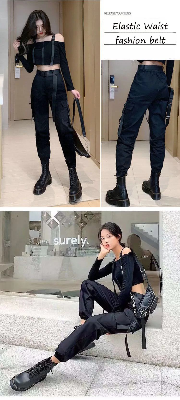 Description Picture 5 of itemEACHIN Fashion Women Self Belted Elastic Waist Cargo Pants Female Loose Black Streetwear Pants Casual Korean Style Sweatpants