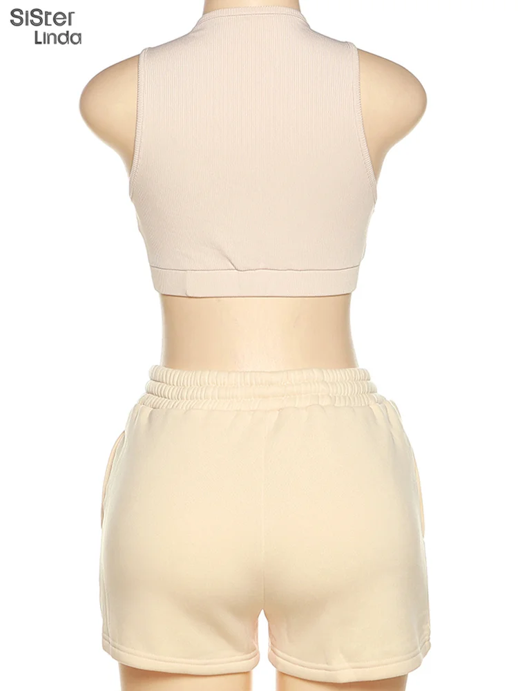 Description Picture 6 of itemSisterlinda Casual Sporty Women 2 Piece Tracksuit Set Ribbed Skinny Tank Tops Vests+Sweat Shorts Female Matching Stretch Outfits