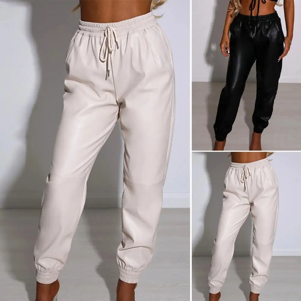 High Waist Drawstring Slant Pockets Faux Leather Harem Pants Woman Loose Fit Elastic Waist Simple Casual Trousers Streetwear
