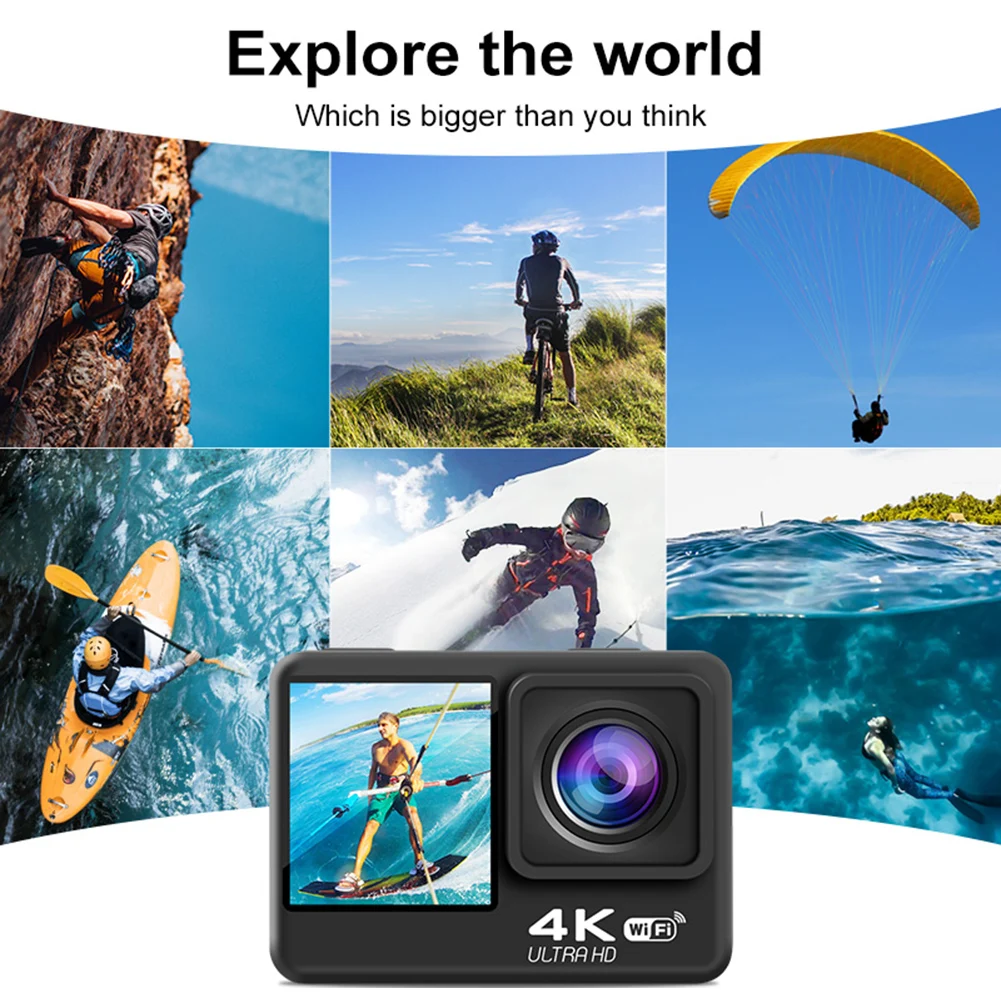WIFI Motion Camera Waterproof 4K 60FPS Digital Video Camera EIS 16MP Dual IPS Screen for Diving Motorcycle Rides