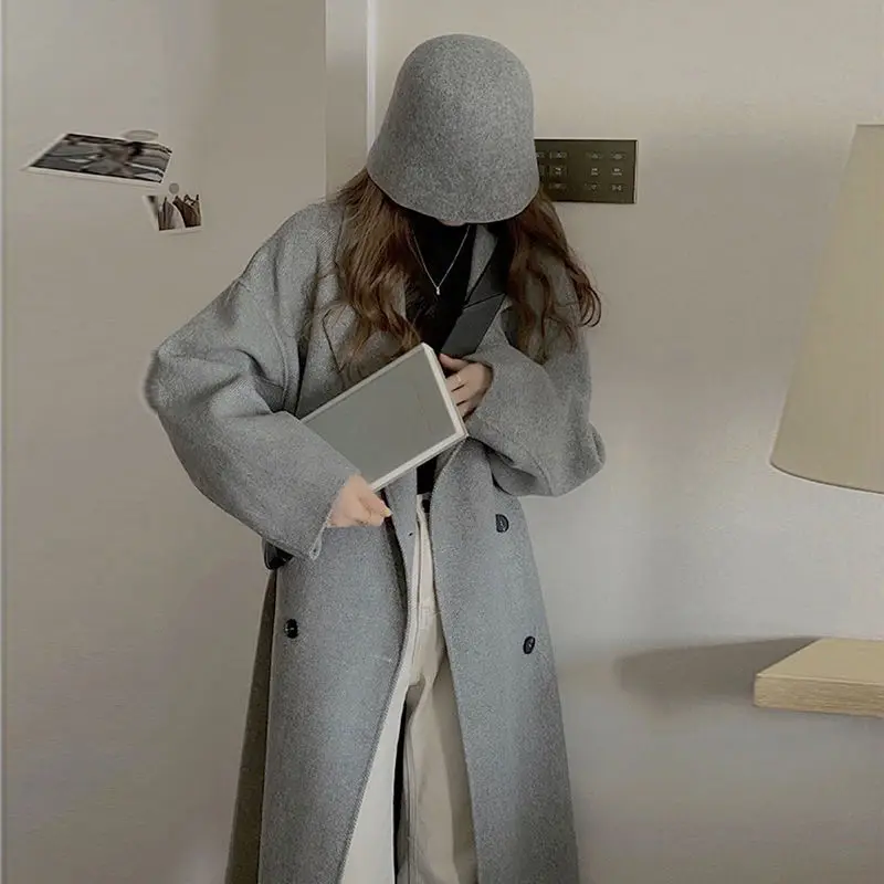 Description Picture 5 of itemCotvotee Loose Wool Coat Women Autumn Winter 2023 Fashion Turn Down Collar Long Sleeve Jacket Casual Double Breasted Long Coats