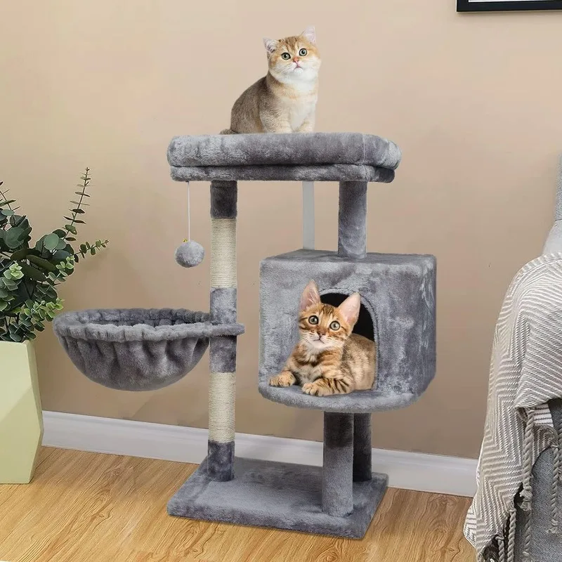 Small Cat Tree for Indoor Cats, Activity Cat Tower, Condo with Scratching Post for Kittens, Climbing Stand with Basket Cat Condo