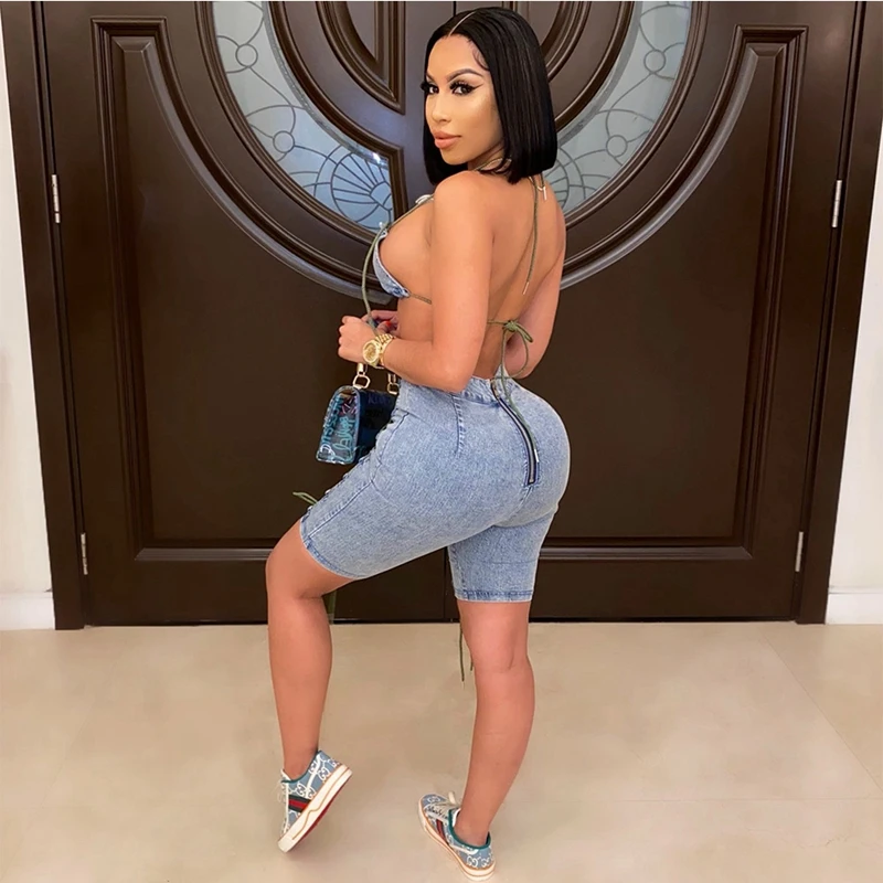 Description Picture 5 of itemDenim Sexy Two Piece Sets Club Outfits for Women Festival Clothing Summer Co Ord Lace Up Jeans Shorts Set 2 Piece Matching Sets