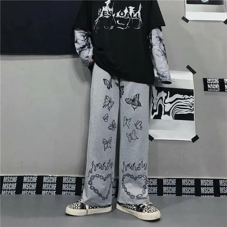 Women's Pants Harajuku Butterfly Print Loose Wide Leg Pants Streetwear Hip-hop Pants for Women Vintage Dark Pant Trousers Women
